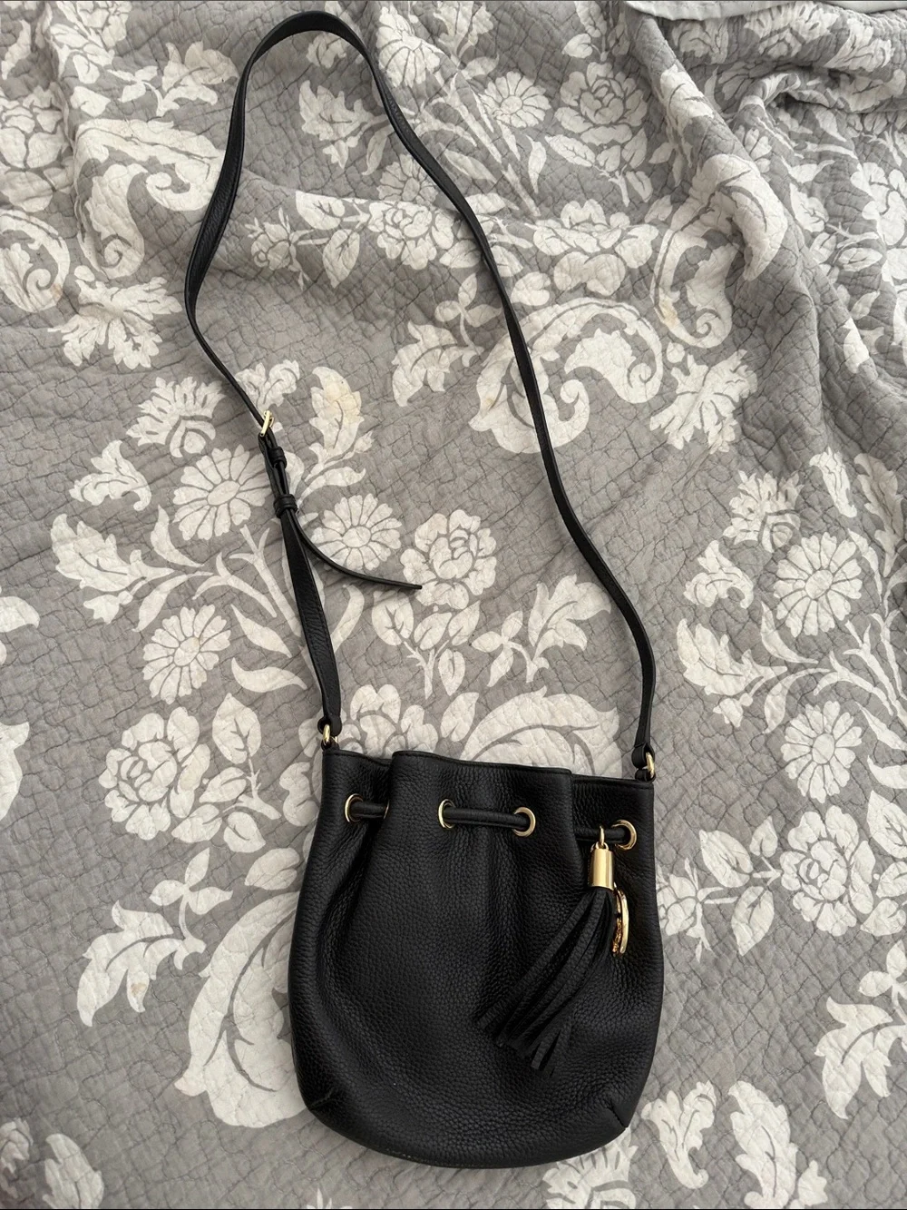 Michael Kors Black Pebbled Leather Tassel Drawstring Crossbody